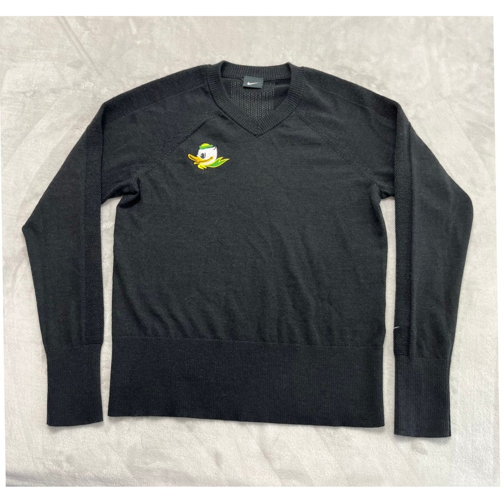 Nike Oregon Ducks Sweater Women Medium Black V-Neck Mesh Knit Wool Blend Preppy